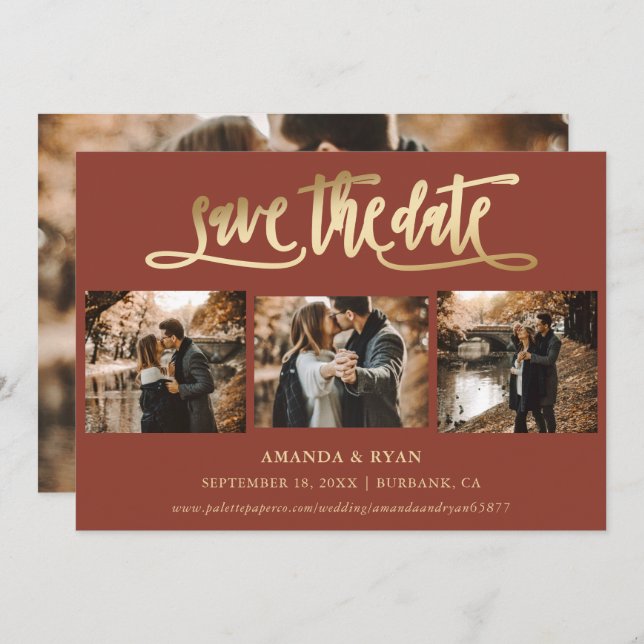 Terracotta and Gold Wedding 4 Photo Save The Date (Front/Back)