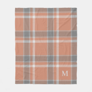 Terracotta and Grey Tartan Plaid with Monogram Fleece Blanket