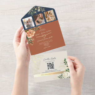 Terracotta and Navy Blue Elegant Fall Wedding All In One Invitation