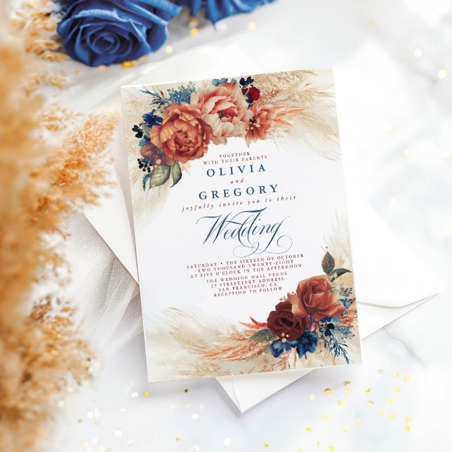 Terracotta and Navy Blue Floral Elegant Wedding Invitation (Boho Navy Blue and Terracotta Wedding Invitations)