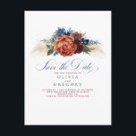 Terracotta and Navy Blue Floral Save The Date Announcement Postcard<br><div class="desc">Pampas grass terracotta navy blue flowers save the date postcards</div>