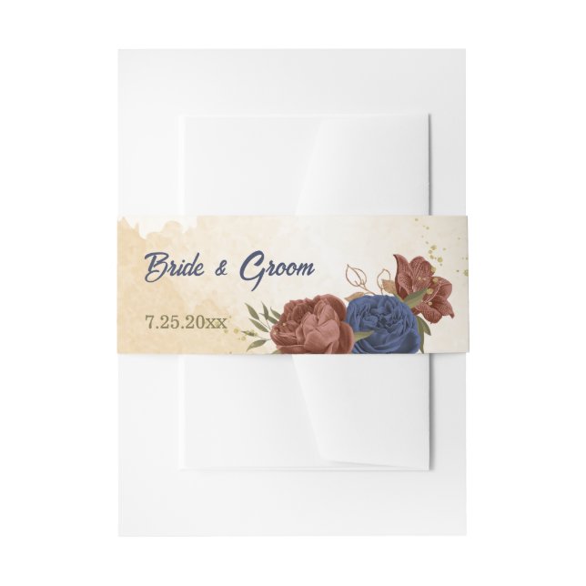 terracotta and navy blue flowers wedding invitation belly band (Front Example)