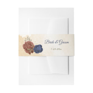terracotta and navy blue flowers wedding invitation belly band
