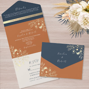 Terracotta and Navy Blue Wedding All In One Invitation