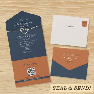 Terracotta and Navy Blue Wedding All In One Invitation