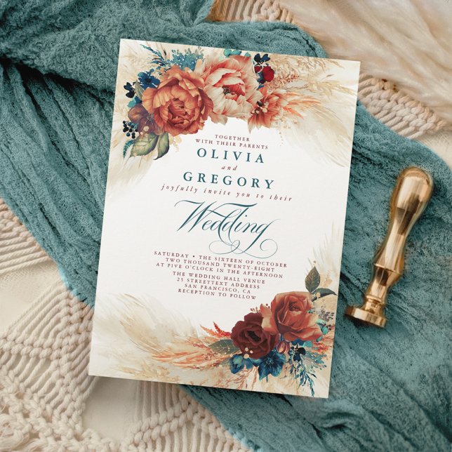 Terracotta and Teal Floral Elegant Boho Wedding Invitation (Boho Fall Wedding Invitations)
