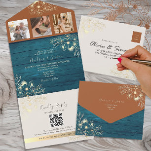 Terracotta and Teal Wedding All In One Invitation