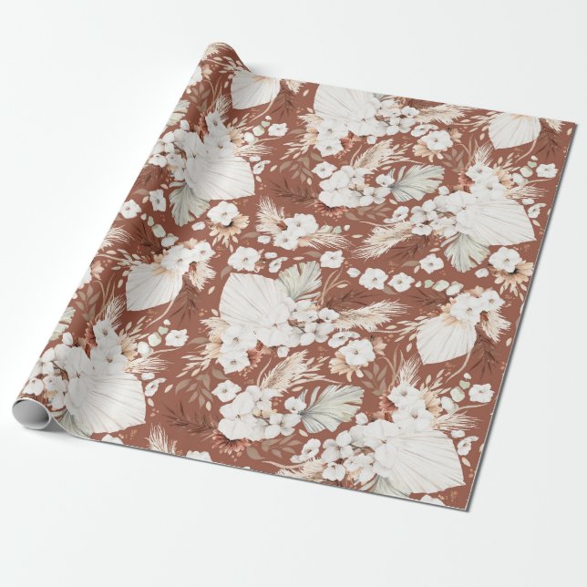 Terracotta and White Flowers Boho Elegant Botanics Wrapping Paper (Unrolled)