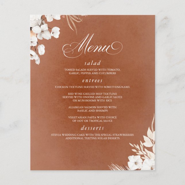 Terracotta and White Flowers Boho Wedding Menu (Front)