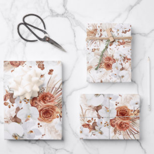Terracotta and White Flowers Botanical Boho Exotic Wrapping Paper Sheet