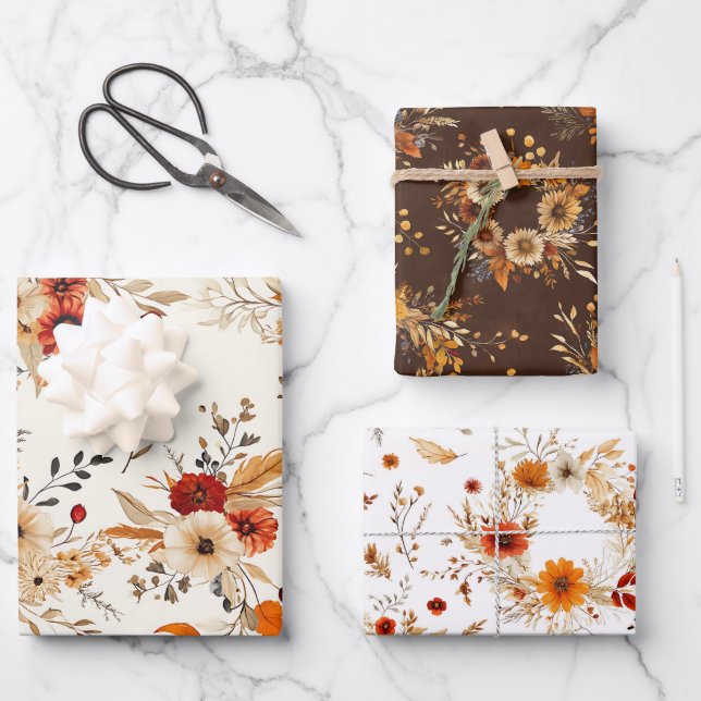Terracotta and White Flowers Botanical Boho Exotic Wrapping Paper Sheet (Front)