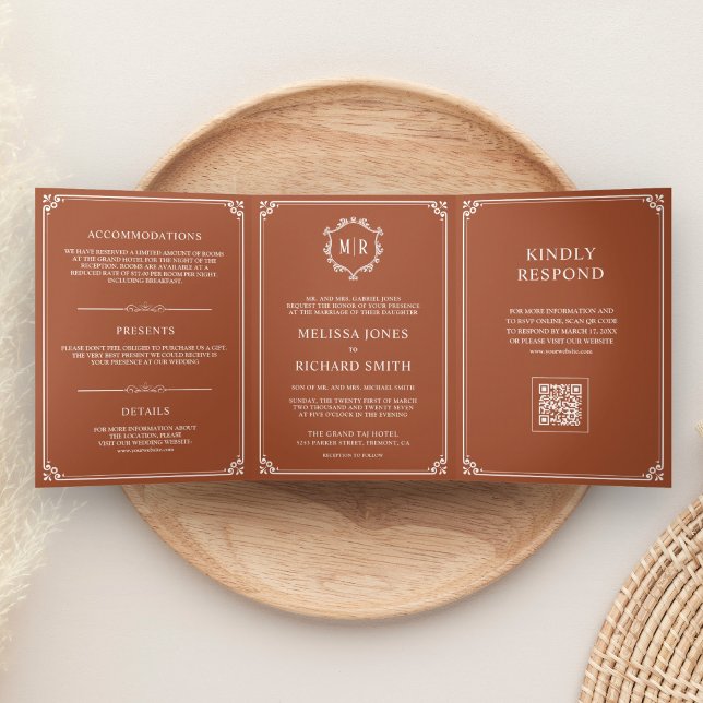 Terracotta and White Monogram QR Code Wedding Tri-Fold Invitation (Creator Uploaded)