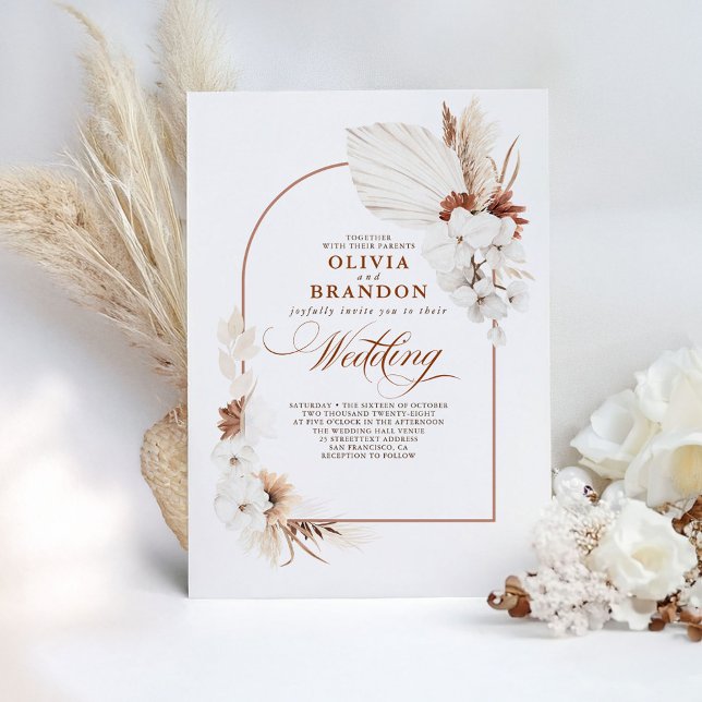 Terracotta and White Orchid Flowers Boho Wedding Invitation (Terracotta Wedding Invitation)