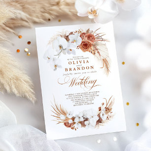 Terracotta and White Orchids Flowers Boho Wedding Invitation