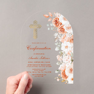 Terracotta and White Roses Arch Confirmation Acrylic Invitations