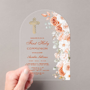Terracotta and White Roses Arch First Communion Acrylic Invitations