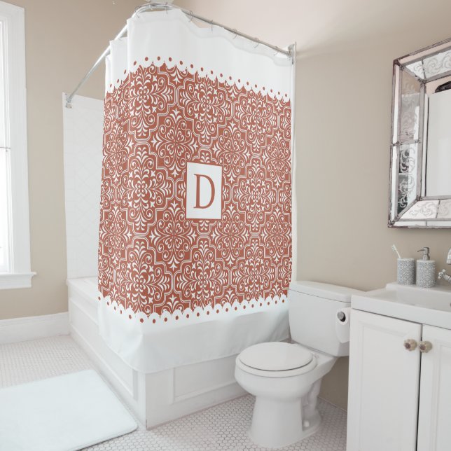 Terracotta and white scalloped borders monogram shower curtain (In Situ)