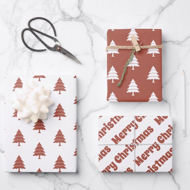 Terracotta and white trees Merry Christmas holiday Wrapping Paper Sheet (Front)