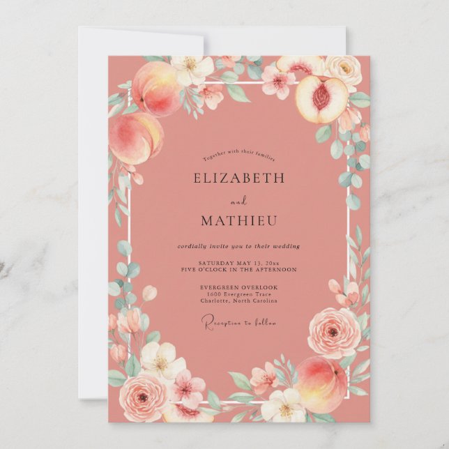 Terracotta Apricot Fruit Eucalyptus Wedding Invitation (Front)