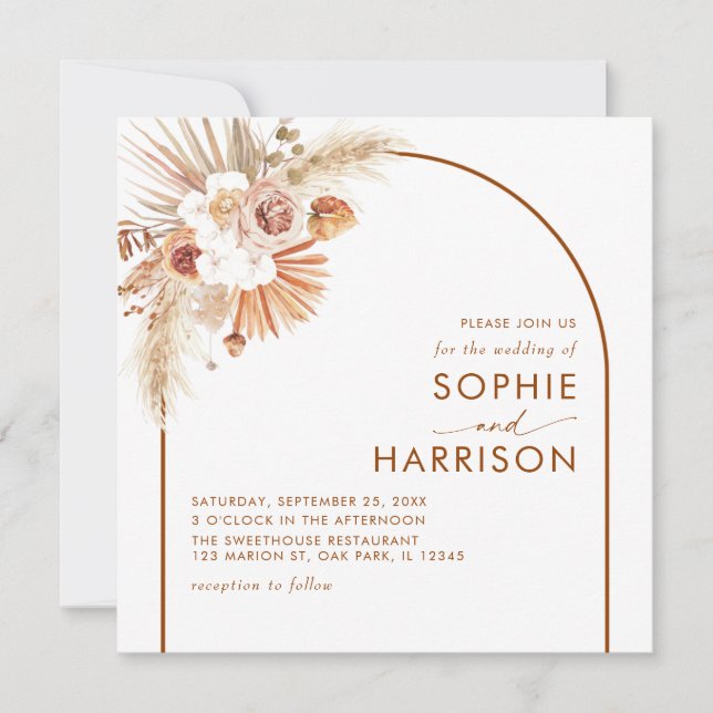 Terracotta Arch Boho Pampas Grass Square Wedding Invitation (Front)