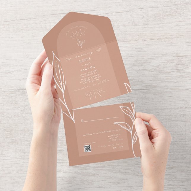 Terracotta Arch Botanical Wedding QR RSVP All In One Invitation (Tearaway)
