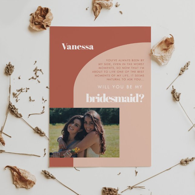 Terracotta arch Bridesmaid photo proposal card (Creator Uploaded)