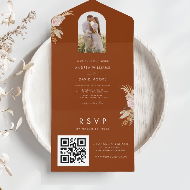 Terracotta Arch Photo Pampas Grass Floral Wedding All In One Invitation (Creator Uploaded)