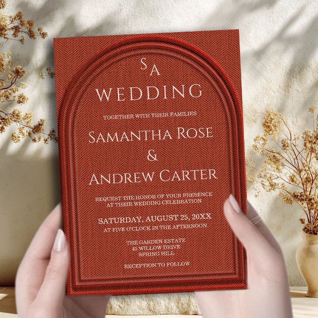 Terracotta Arch Wedding Linen Texture Invitation (Creator Uploaded)