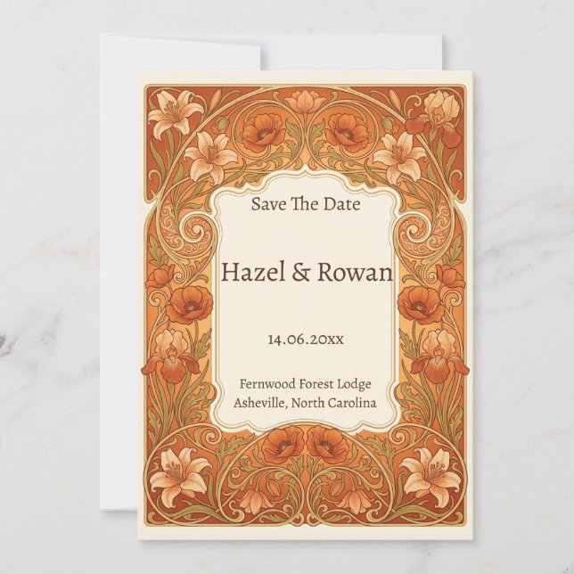 Terracotta Art Nouveau Floral Save the Date Invitation (Front)