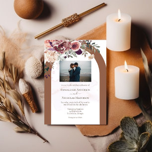 Terracotta Autumn Floral with Photo Wedding Invitation