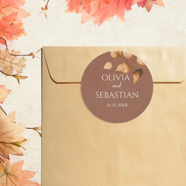 Terracotta Autumn Leaves Boho Fall Wedding Classic Round Sticker (Creator Uploaded)