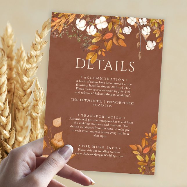 Terracotta Autumn Leaves Boho Fall Wedding Details Enclosure Card (Creator Uploaded)