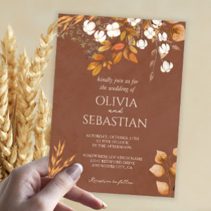 Terracotta Autumn Leaves Boho Fall Wedding Invitation
