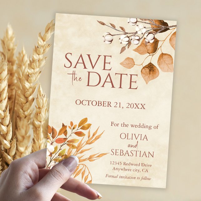 Terracotta Autumn Leaves Boho Fall Wedding Save The Date (Creator Uploaded)