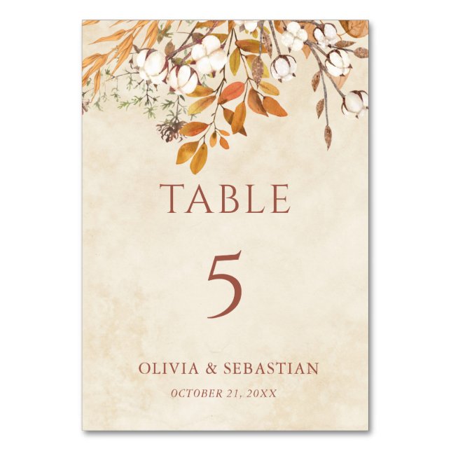 Terracotta Autumn Leaves Boho Fall Wedding Table Number (Front)