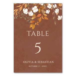 Terracotta Autumn Leaves Boho Fall Wedding Table Number