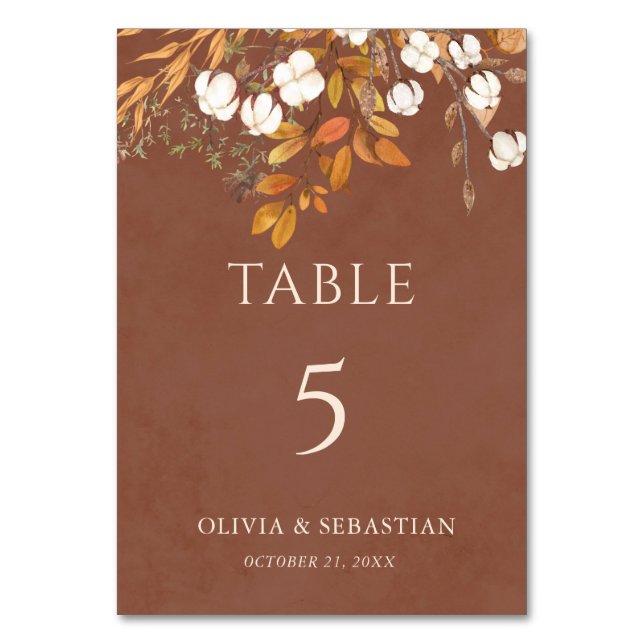 Terracotta Autumn Leaves Boho Fall Wedding Table Number (Front)