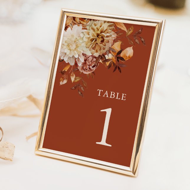 Terracotta Autumn Wedding Table Number (Rustic Terracotta Autumn Floral Wedding Table Number Sign by Painted Paperie
)