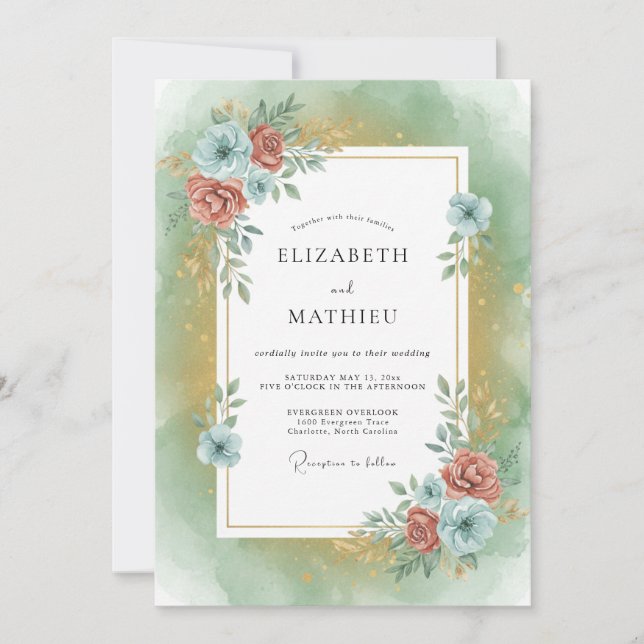 Terracotta Azure Foliage Eucalyptus Wedding Invitation (Front)