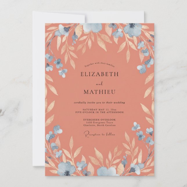 Terracotta Azure Leafy Wedding Invitation (Front)