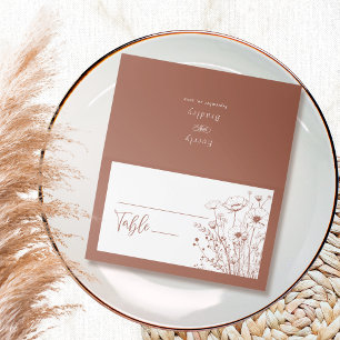 Terracotta Background  White Wildflower Monogram Place Card