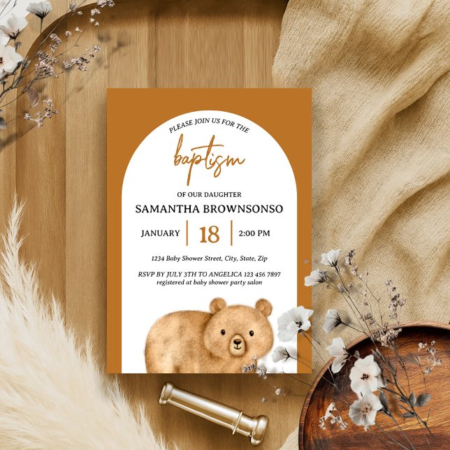 Terracotta Bear Baby Baptism Invitation (Creator Uploaded)