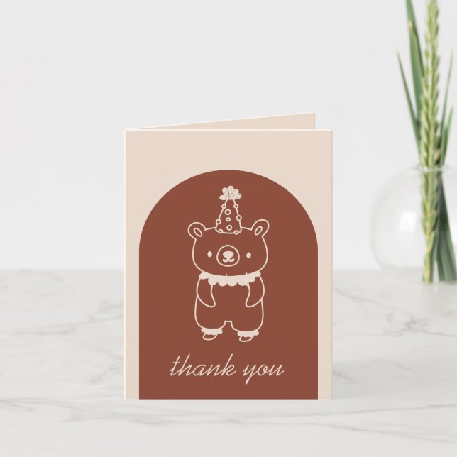 Terracotta Bear Wearing a Party Hat Thank You Card (Front)