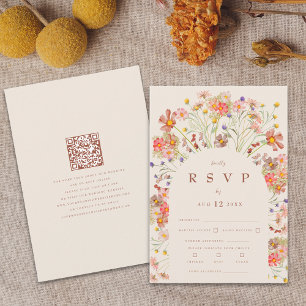 Terracotta & Beige Boho Fall Floral QR Code RSVP Card