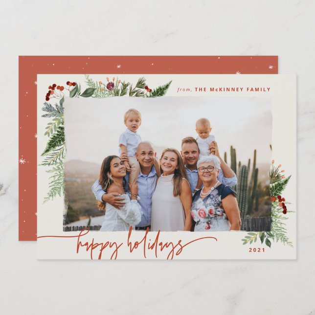 Terracotta Beige Modern Script Boho Greenery Photo Holiday Card (Front/Back)