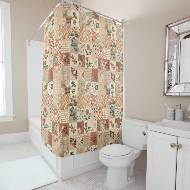 Terracotta Beige Patchwork Quilt Rustic Floral  Shower Curtain (In Situ)