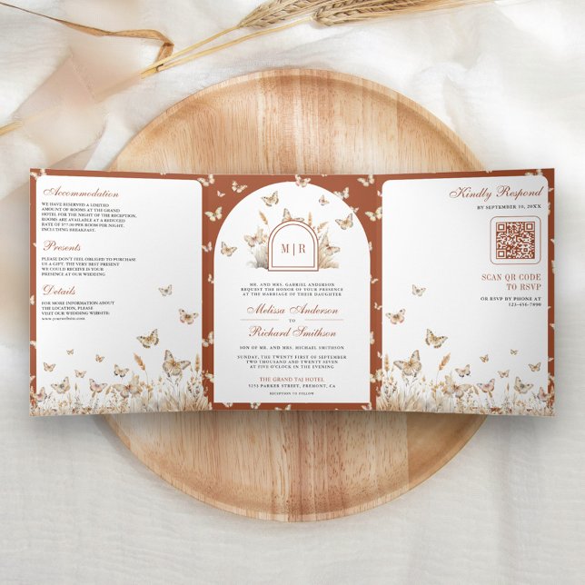 Terracotta Beige Wildflower Butterfly Arch Wedding Tri-Fold Invitation (Creator Uploaded)