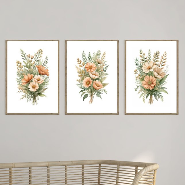 Terracotta Beige Wildflower Floral Watercolor  (Beige Terracotta Boho Wildflowers Floral Wall Art set of three prints. Neutral Home Decor)