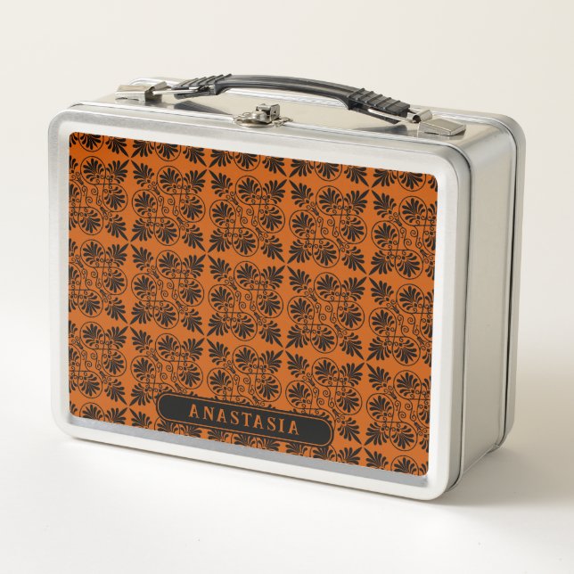Terracotta Black Ancient Greek Meander Pattern Metal Lunch Box (Front)