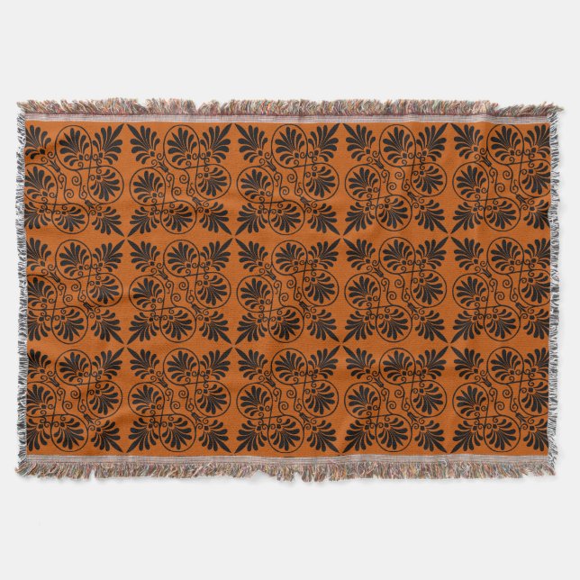 Terracotta Black Ancient Greek Meander Pattern Throw Blanket (Front)